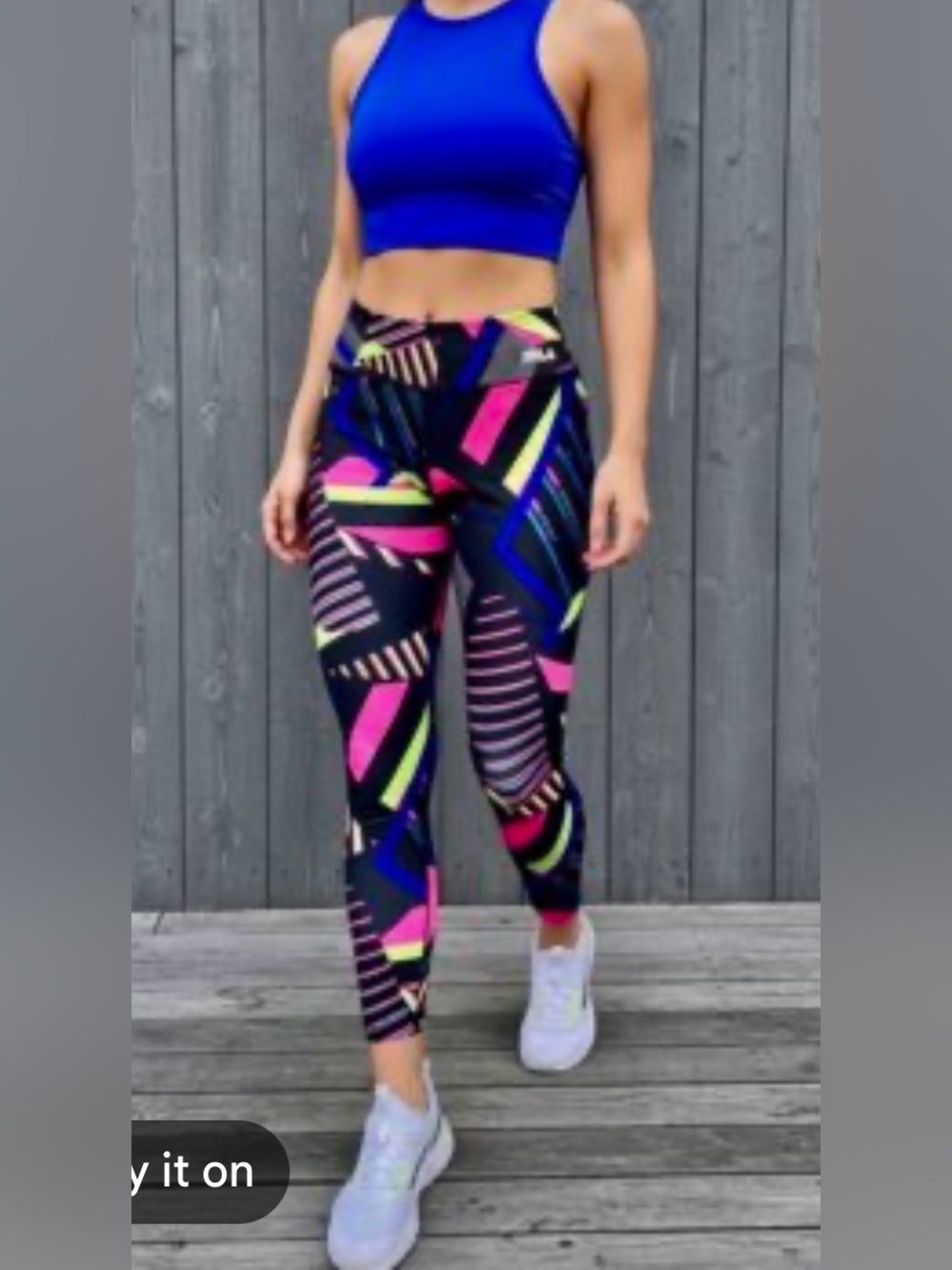 Fila Black Leggings with Neon Pink, Lime Green & Royal Blue Geo Print